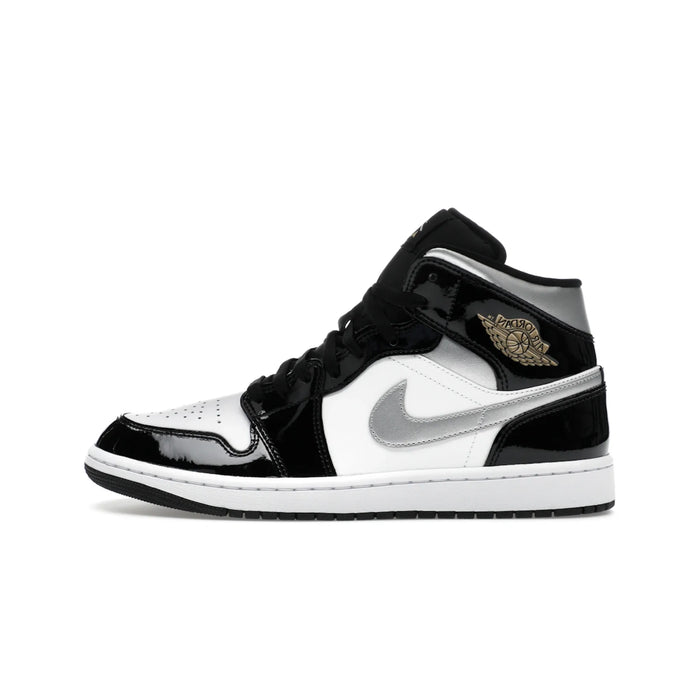 Jordan 1 Mid SE Patent Black White Metallic Silver Metallic Gold